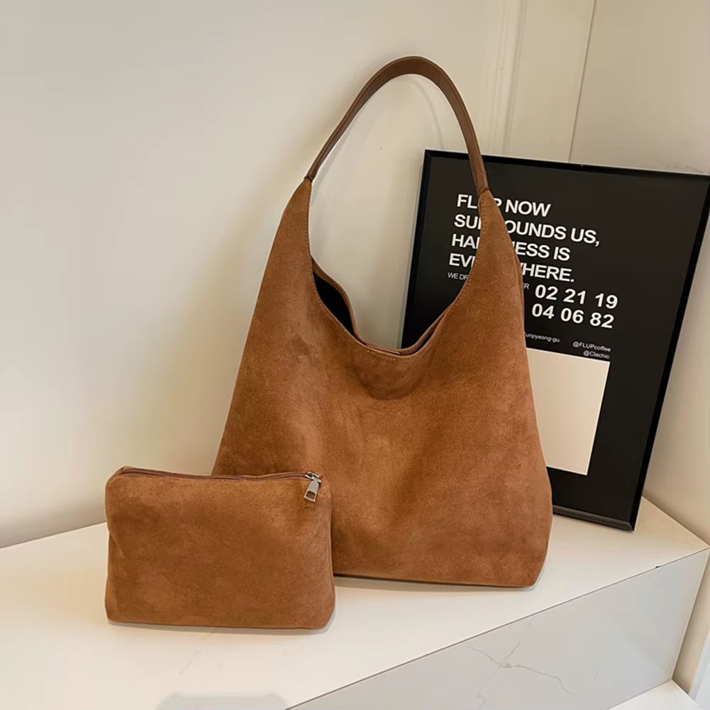Women Suede Shoulder Bag | Suede Handbag | Matching Mini Purse | 2-Piece Bag Set | Elegant Tote | Fashion Accessory | Soft Suede Bag | Stylish Women’s Purse | Casual Shoulder Bag | Trendy Handbag | Everyday Tote | 