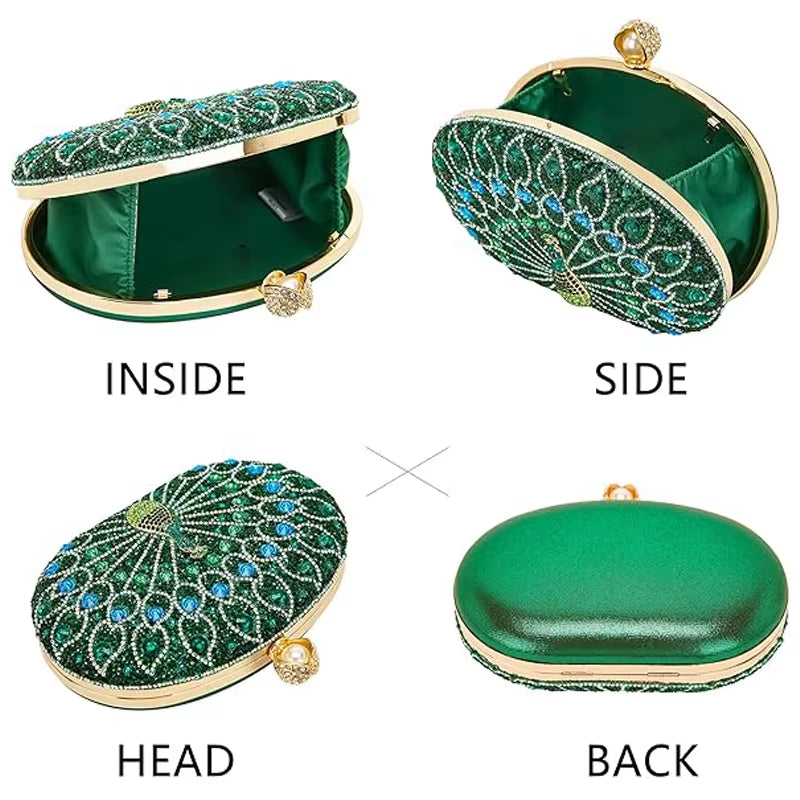 Elegant HaPeacock Clutch Purse | Rhinestone Bag | Evening Clutch | Luxury Women’s Purse | Crystal Handbag | Elegant Party Bag | Peacock Design Purse | Glamour Clutch | Fashion Accessory | Wedding Bag | Sparkling Rhinestone Purse | 
