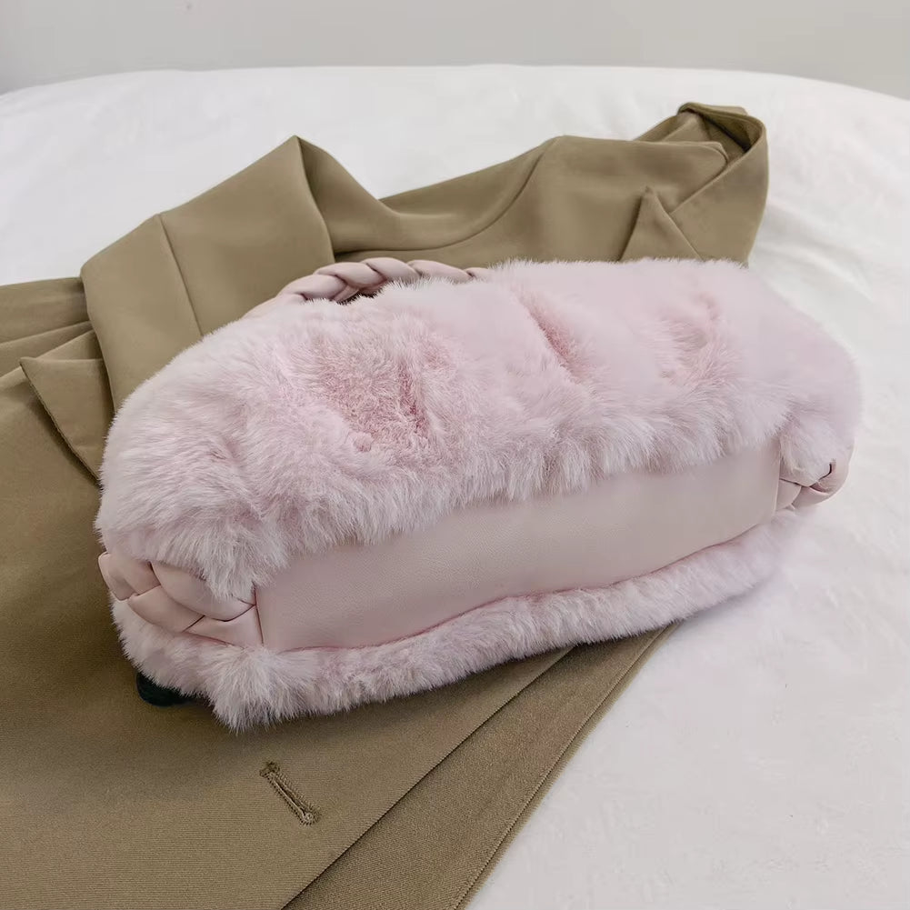 Ladies Plush Clutch Purse Solid Color Fluffy Handbag PU Braid Strap Stylish Wrist Bag with Pearl Fuzzy Pendant Gifts for Friends