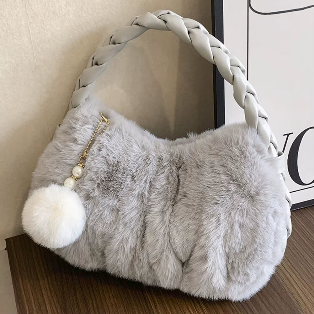 Ladies Plush Clutch Purse Solid Color Fluffy Handbag PU Braid Strap Stylish Wrist Bag with Pearl Fuzzy Pendant Gifts for Friends