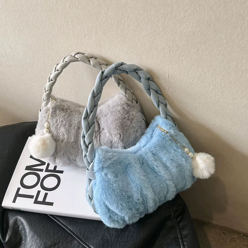 Ladies Plush Clutch Purse Solid Color Fluffy Handbag PU Braid Strap Stylish Wrist Bag with Pearl Fuzzy Pendant Gifts for Friends