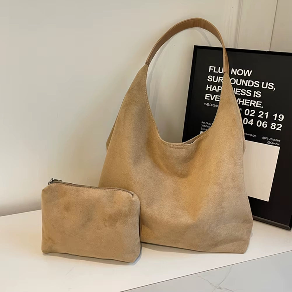 Women Suede Shoulder Bag | Suede Handbag | Matching Mini Purse | 2-Piece Bag Set | Elegant Tote | Fashion Accessory | Soft Suede Bag | Stylish Women’s Purse | Casual Shoulder Bag | Trendy Handbag | Everyday Tote | 