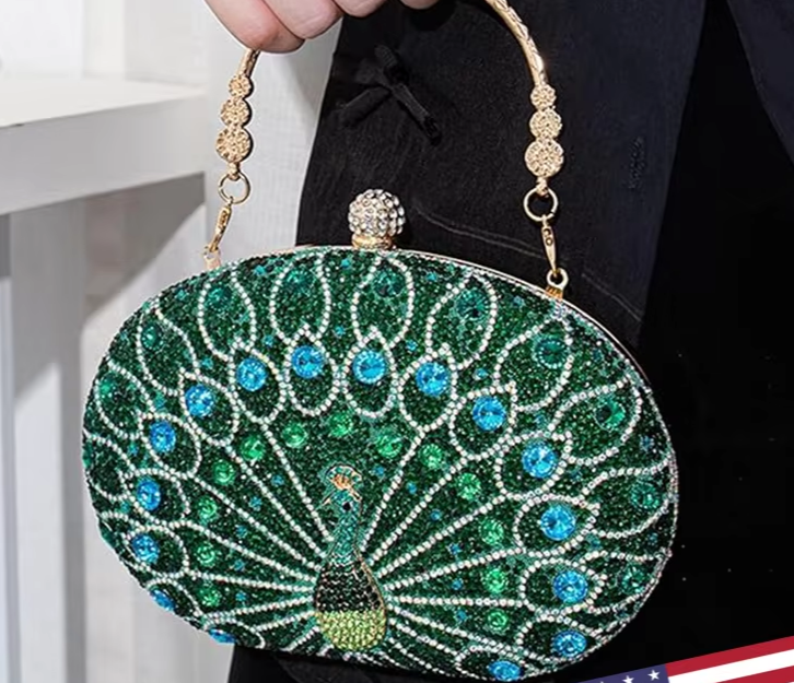 Elegant HaPeacock Clutch Purse | Rhinestone Bag | Evening Clutch | Luxury Women’s Purse | Crystal Handbag | Elegant Party Bag | Peacock Design Purse | Glamour Clutch | Fashion Accessory | Wedding Bag | Sparkling Rhinestone Purse | 