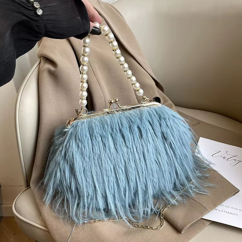 | Pearl Handle Bag | Elegant Handbag | Women’s Evening Bag | Luxury Purse | Fashion Accessory | Chic Party Bag | Soft Fur Clutch | Stylish Women’s Purse | Trendy Mini Bag |