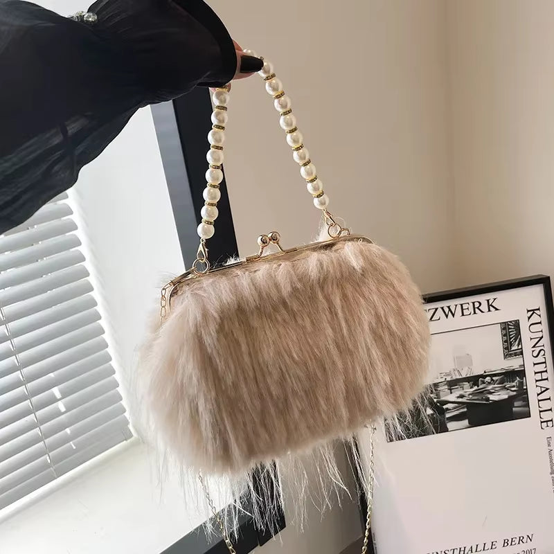 | Pearl Handle Bag | Elegant Handbag | Women’s Evening Bag | Luxury Purse | Fashion Accessory | Chic Party Bag | Soft Fur Clutch | Stylish Women’s Purse | Trendy Mini Bag |
