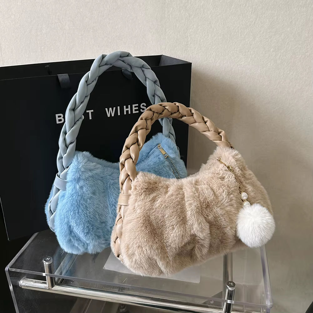 Ladies Plush Clutch Purse Solid Color Fluffy Handbag PU Braid Strap Stylish Wrist Bag with Pearl Fuzzy Pendant Gifts for Friends