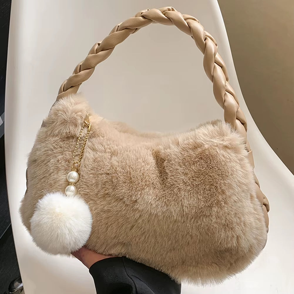 Ladies Plush Clutch Purse Solid Color Fluffy Handbag PU Braid Strap Stylish Wrist Bag with Pearl Fuzzy Pendant Gifts for Friends