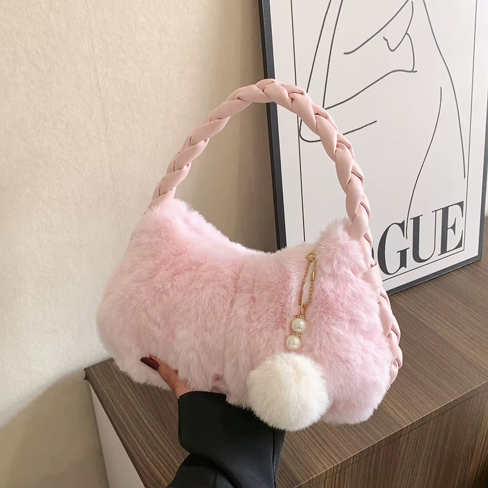 Ladies Plush Clutch Purse Solid Color Fluffy Handbag PU Braid Strap Stylish Wrist Bag with Pearl Fuzzy Pendant Gifts for Friends
