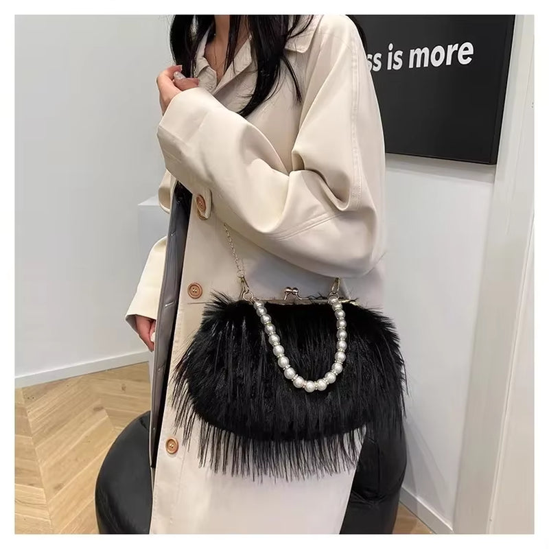 | Pearl Handle Bag | Elegant Handbag | Women’s Evening Bag | Luxury Purse | Fashion Accessory | Chic Party Bag | Soft Fur Clutch | Stylish Women’s Purse | Trendy Mini Bag |