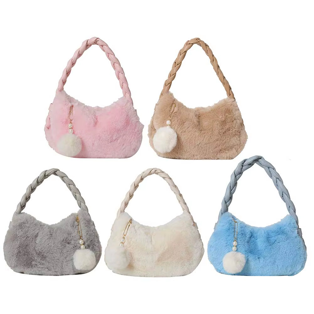 Ladies Plush Clutch Purse Solid Color Fluffy Handbag PU Braid Strap Stylish Wrist Bag with Pearl Fuzzy Pendant Gifts for Friends