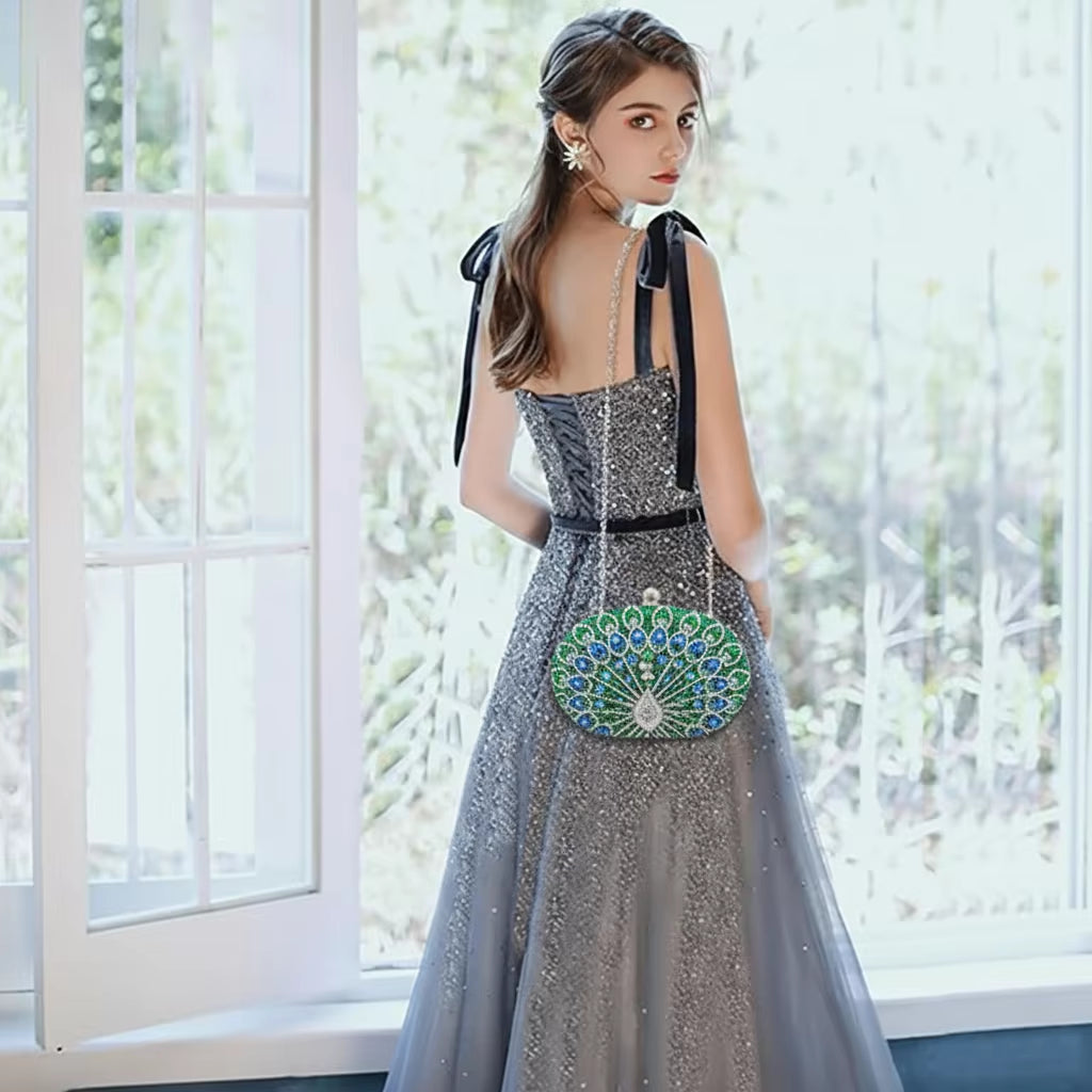 Elegant HaPeacock Clutch Purse | Rhinestone Bag | Evening Clutch | Luxury Women’s Purse | Crystal Handbag | Elegant Party Bag | Peacock Design Purse | Glamour Clutch | Fashion Accessory | Wedding Bag | Sparkling Rhinestone Purse | 