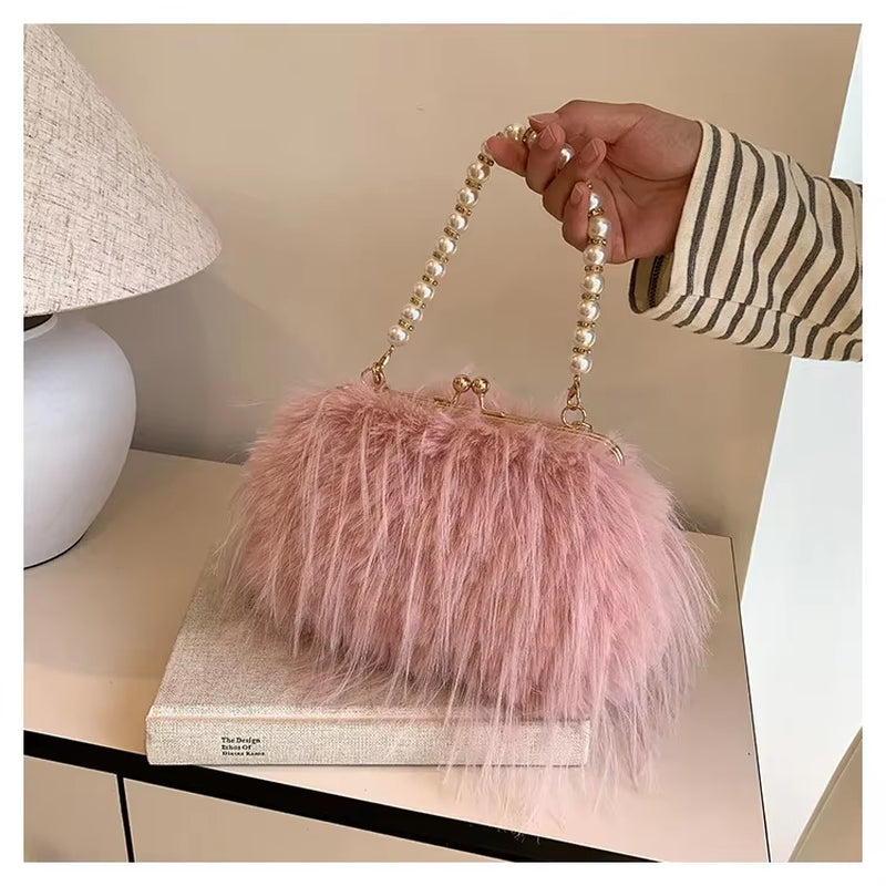 | Pearl Handle Bag | Elegant Handbag | Women’s Evening Bag | Luxury Purse | Fashion Accessory | Chic Party Bag | Soft Fur Clutch | Stylish Women’s Purse | Trendy Mini Bag |