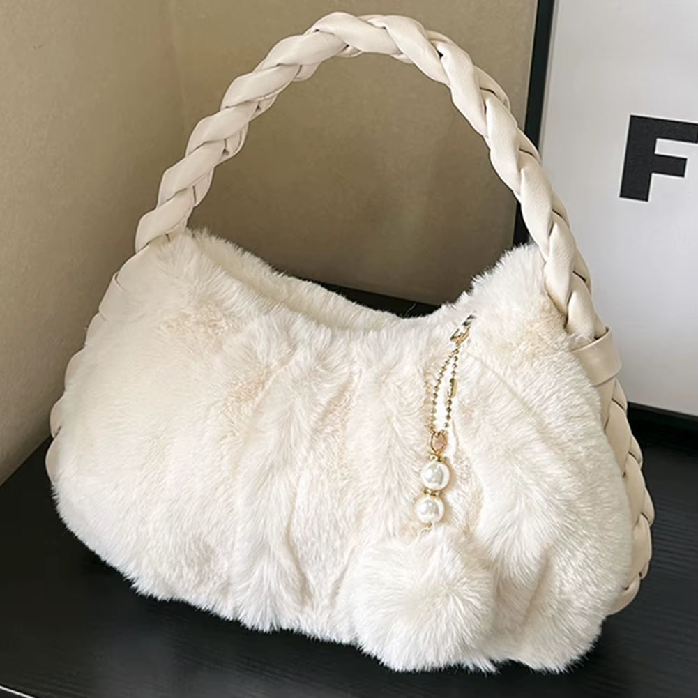 Ladies Plush Clutch Purse Solid Color Fluffy Handbag PU Braid Strap Stylish Wrist Bag with Pearl Fuzzy Pendant Gifts for Friends