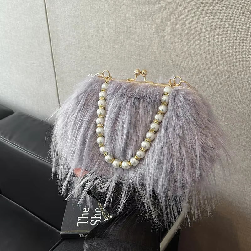 | Pearl Handle Bag | Elegant Handbag | Women’s Evening Bag | Luxury Purse | Fashion Accessory | Chic Party Bag | Soft Fur Clutch | Stylish Women’s Purse | Trendy Mini Bag |