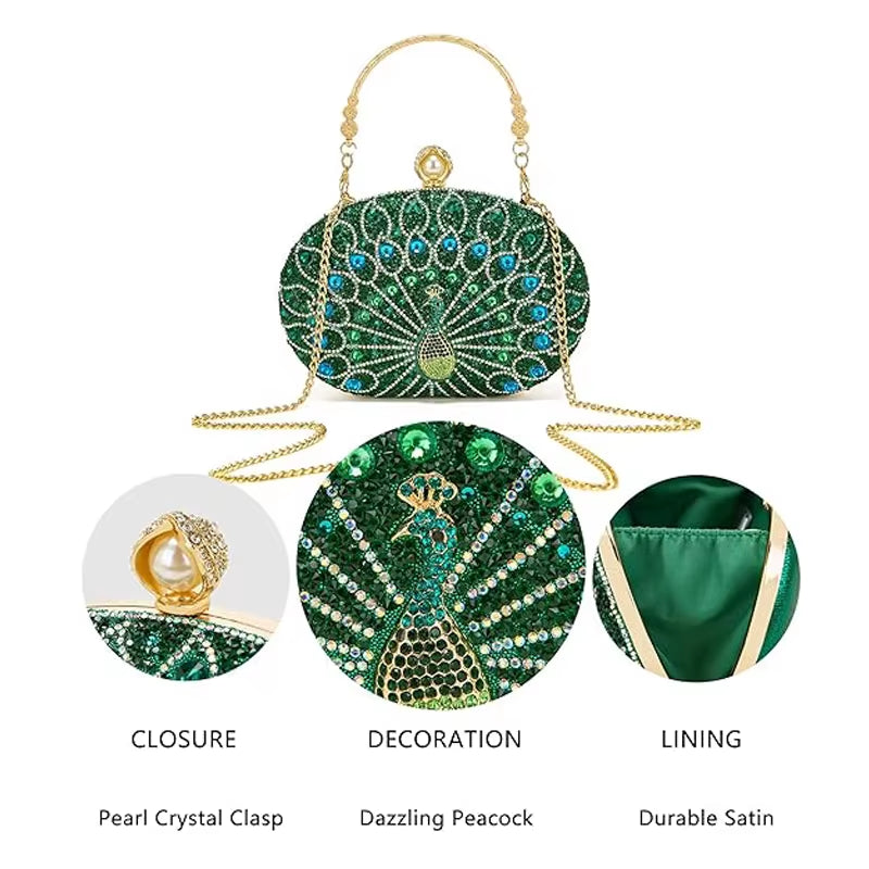 Elegant HaPeacock Clutch Purse | Rhinestone Bag | Evening Clutch | Luxury Women’s Purse | Crystal Handbag | Elegant Party Bag | Peacock Design Purse | Glamour Clutch | Fashion Accessory | Wedding Bag | Sparkling Rhinestone Purse | 