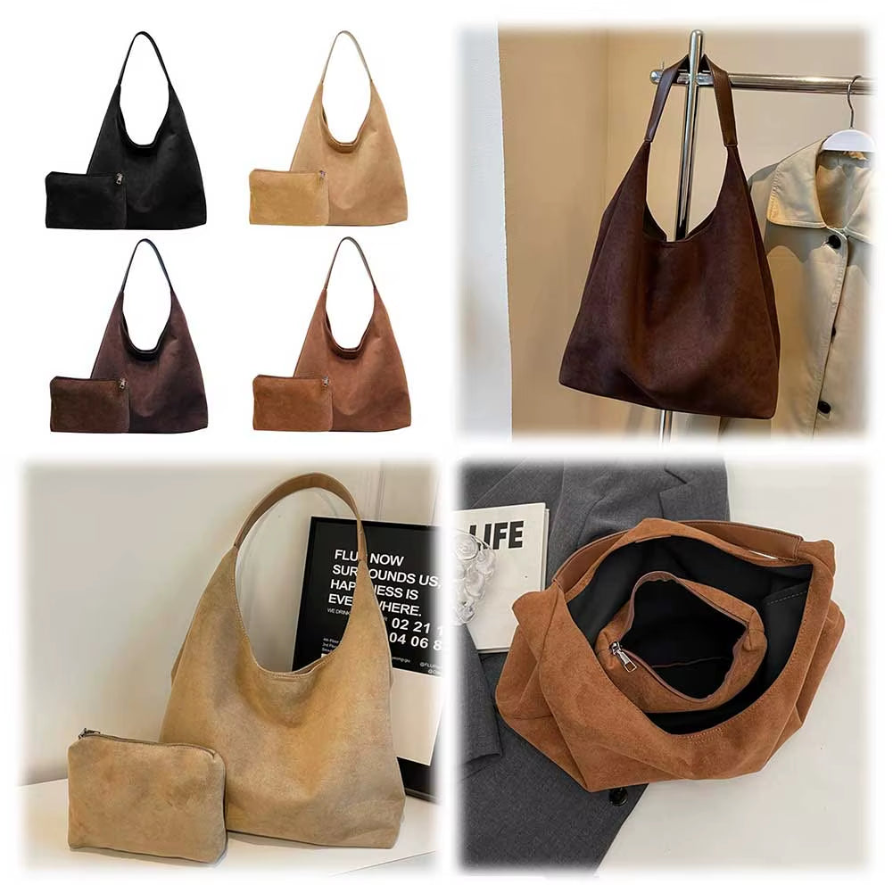 Women Suede Shoulder Bag | Suede Handbag | Matching Mini Purse | 2-Piece Bag Set | Elegant Tote | Fashion Accessory | Soft Suede Bag | Stylish Women’s Purse | Casual Shoulder Bag | Trendy Handbag | Everyday Tote | 
