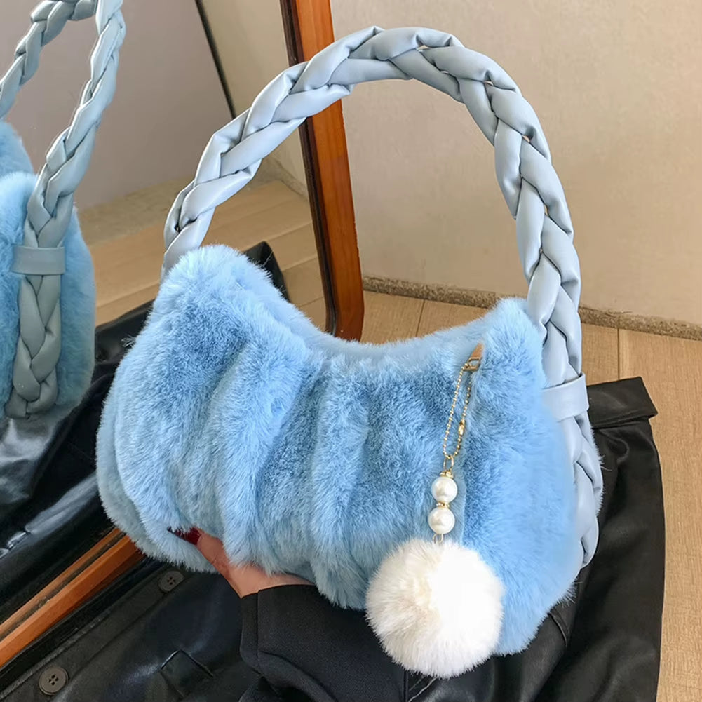 Ladies Plush Clutch Purse Solid Color Fluffy Handbag PU Braid Strap Stylish Wrist Bag with Pearl Fuzzy Pendant Gifts for Friends