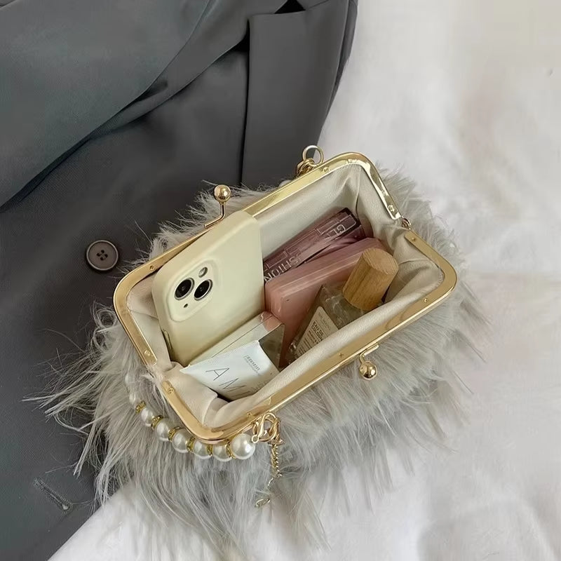 | Pearl Handle Bag | Elegant Handbag | Women’s Evening Bag | Luxury Purse | Fashion Accessory | Chic Party Bag | Soft Fur Clutch | Stylish Women’s Purse | Trendy Mini Bag |