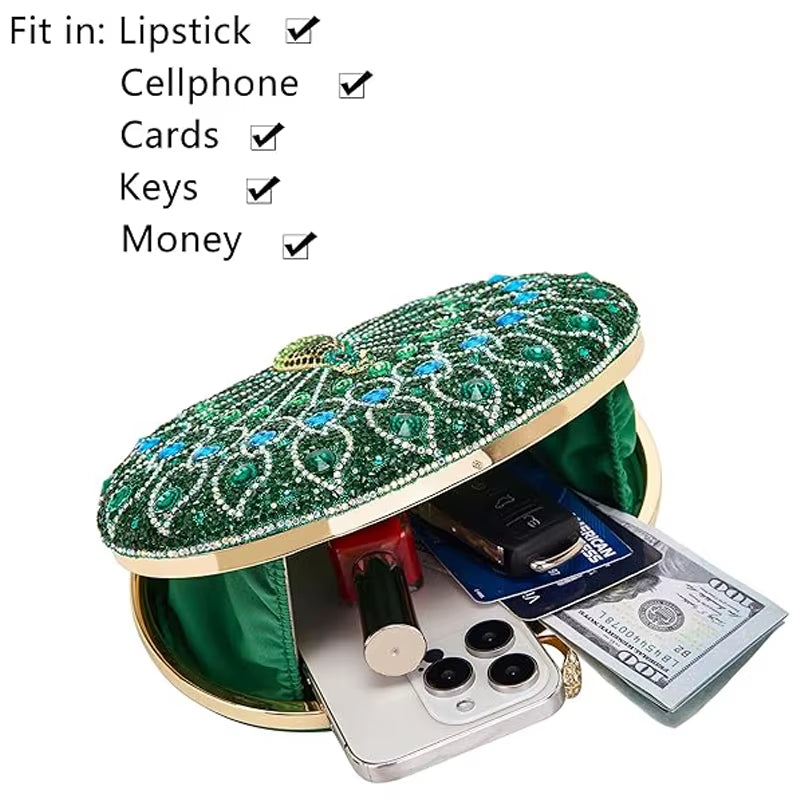 Elegant HaPeacock Clutch Purse | Rhinestone Bag | Evening Clutch | Luxury Women’s Purse | Crystal Handbag | Elegant Party Bag | Peacock Design Purse | Glamour Clutch | Fashion Accessory | Wedding Bag | Sparkling Rhinestone Purse | 